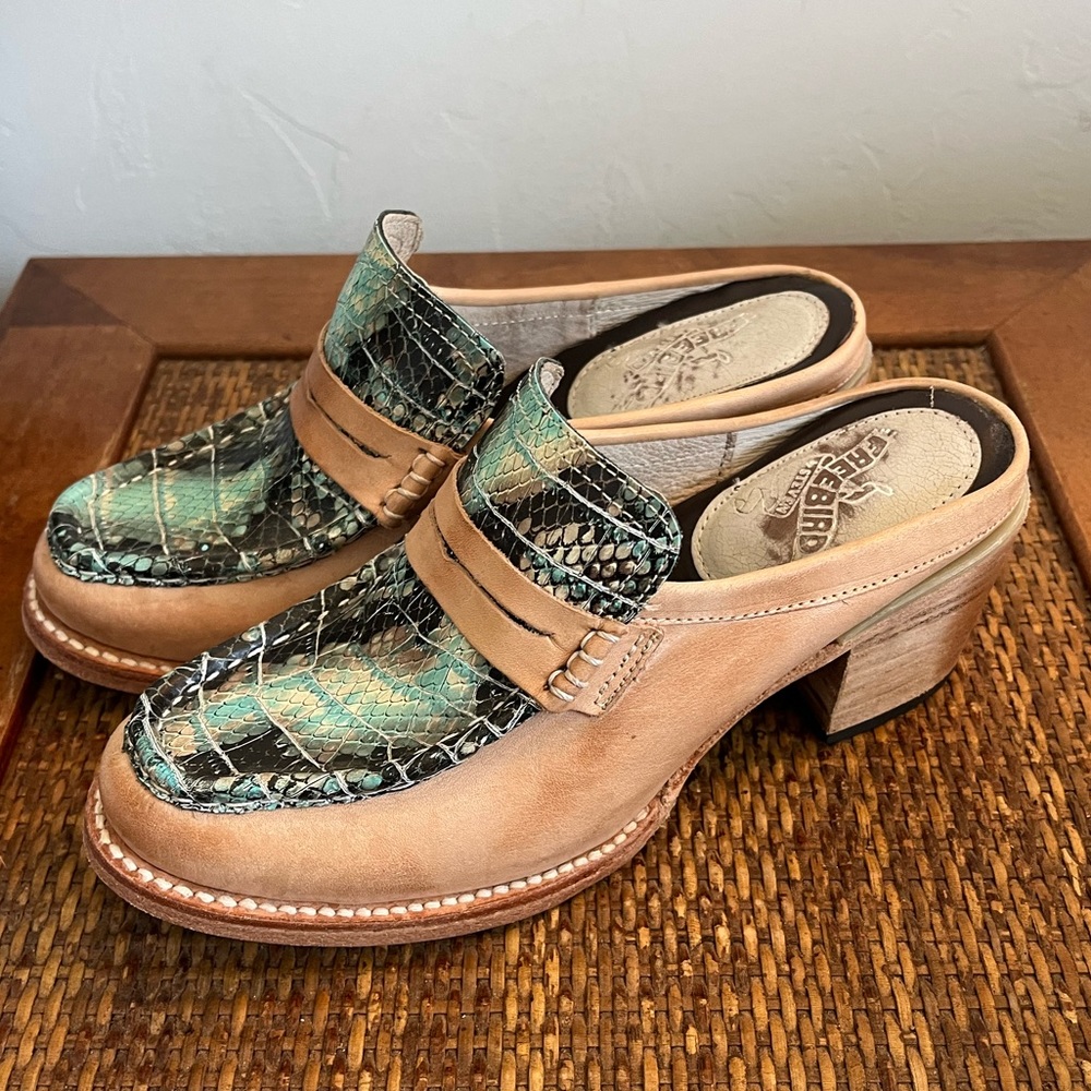 FREEBIRD Open Back Collins Leather Turquoise Heeled Mule Clog